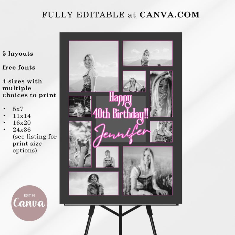 May include: A black and white photo collage with a pink neon design that says "Happy 40th Birthday!! Jennifer". The collage is made up of nine photos of a woman in different settings. The collage is on a black background and is framed with a white border.