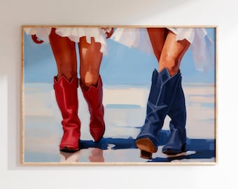 Coastal Cowgirl Red Blue Art, Boots Printable Poster Print, Americana Cowgirl, Patriotic Dorm Room Wall Art Decor, Girly, Digital Download
