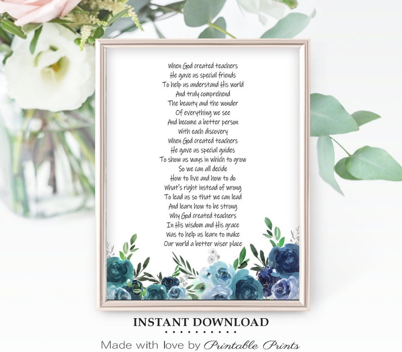 TEACHER GIFT Christian Religious Poem God Created Teachers PRINTABLE Diy Watercolor Greenery Floral Instant Download Print End of School image 1