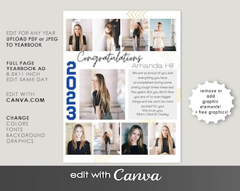 May include: A blue and white graduation announcement template with a photo collage of a graduate. The template includes the text "Congratulations" and "2023" in a blue and white font. The text also includes the graduate's name, "Amanda Hill", and a message from their parents. The template is designed to be edited with Canva.