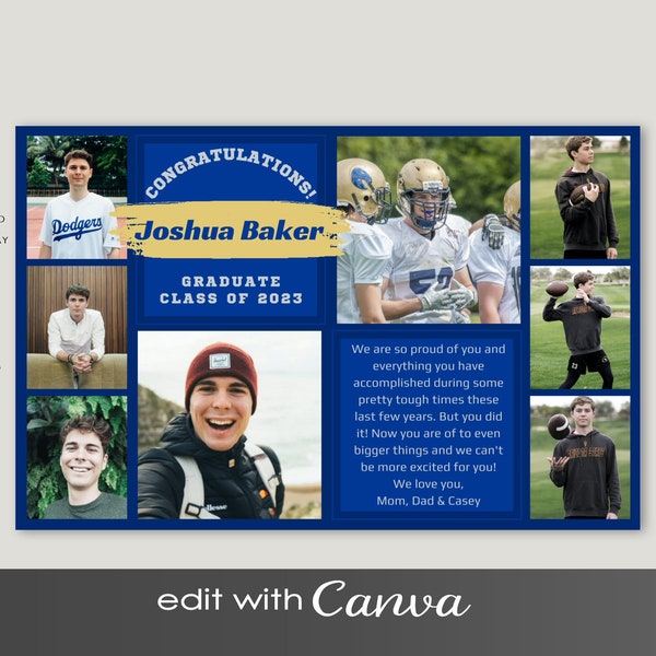 Half Page YEARBOOK AD Canva Template, Guys, Navy Gold or CUSTOM Colors, Editable Layout Senior Graduate 2024 High School Grad 8 photos