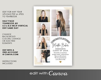 Half Page YEARBOOK AD Vertical Layout, CANVA Template, 2024 Editable  Gold  5.5x8.5 Minimalist  Custom Girls Senior Graduate High School