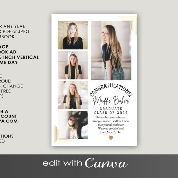 Half Page YEARBOOK AD Vertical Layout, CANVA Template, 2024 Editable  Gold  5.5x8.5 Minimalist  Custom Girls Senior Graduate High School