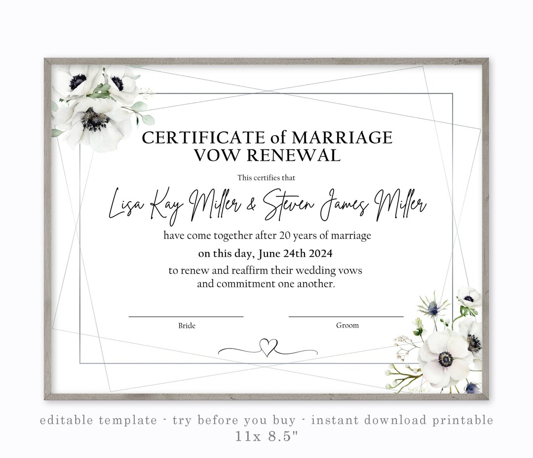 VOW RENEWAL CERTIFICATE, Marriage Renew, Editable Template, Printable ...