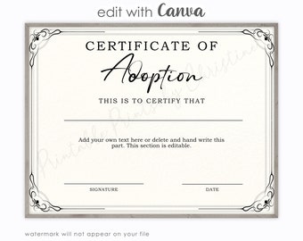 Adoption Certificate Printable Print, You Edit with Canva, Family Template, Instant Download Editable Child or Pet