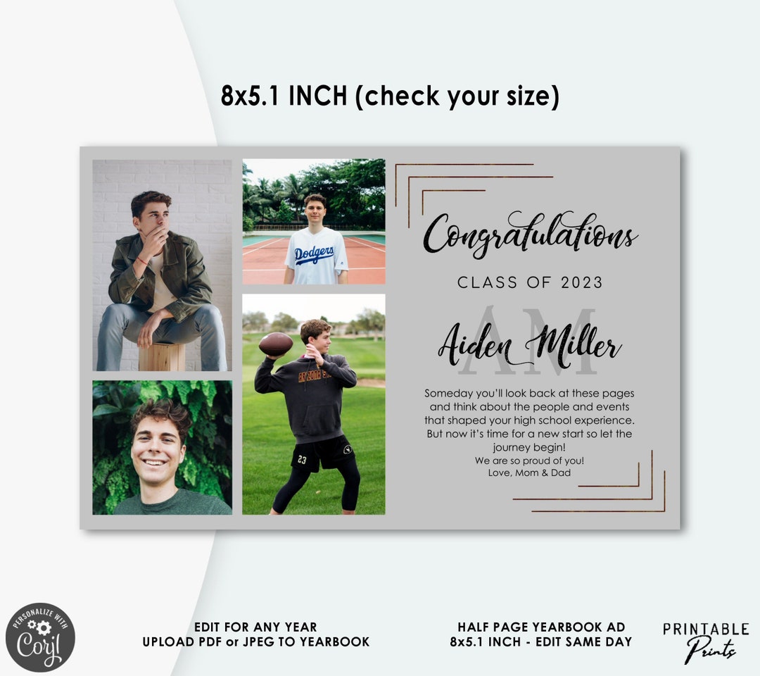 Yearbook Ad 8x5.1 CUSTOM SIZE Template Gray HALF Page Editable Senior