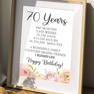 70 GEBURTSTAG ZEICHEN, DRUCKBARE Poster Geschenk, Sofort Download Digitale Datei, Andenken Geburtstag 70 Jahre Rosa blumen für Frauen alles Gute zum Geburtstag