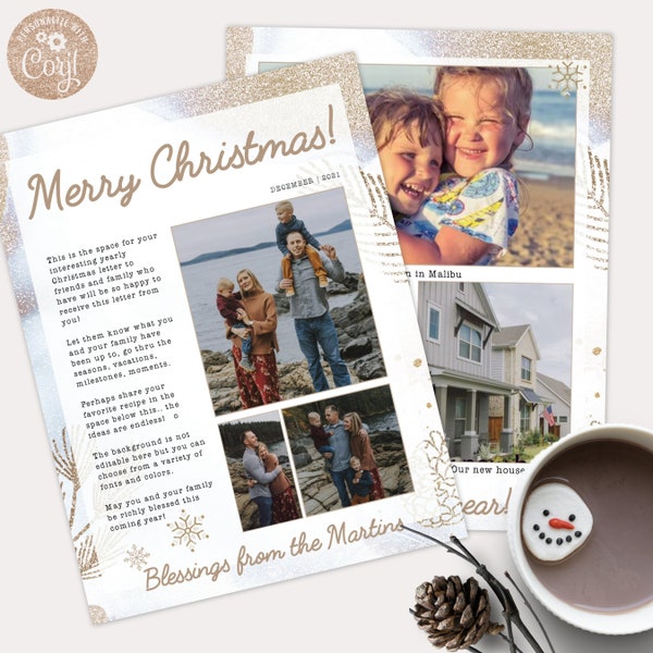 Christmas Letter Template, Photo Newsletter, EDITABLE Printable DIY Christmas 2022, Family Letter, Gold Glitter Minimalist Instant download