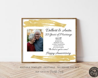 55 YEAR ANNIVERSARY You Edit and Print Template - Digital File -pdf & jpg - 55th Anniversary Photo Printable Print, Gold Accents Editable