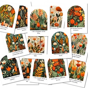 Christliche Affirmationskarten Boho Herbst, 50 Retro Floral Orange und Grüns druckbare Drucke, 3x4 Wandkunst Trendy Vintage, digitaler Download