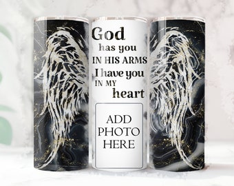 In Memory Tumbler, God has You Quote Personalized  Sublimation Wrap, AGATE Black Gold specks, Angel Wings 20oz png,  free designs