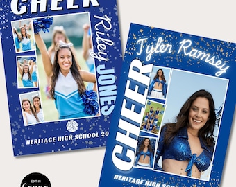 Könnte beinhalten: Zwei blaue Cheerleading-Poster. Eines zeigt Riley Jones mit dem Wort "CHEER" in großen weißen Buchstaben. Das andere Poster zeigt Tyler Ramsey mit dem Wort "CHEER". Beide Poster haben Fotos von Cheerleadern und den Text "HERITAGE HIGH SCHOOL".