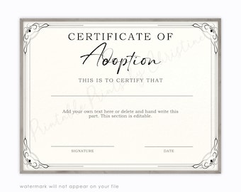 Adoption Certificate Template Edit with Canva, Certificate for kids, adopting into new Family, Instant Download Editable Certificate Name