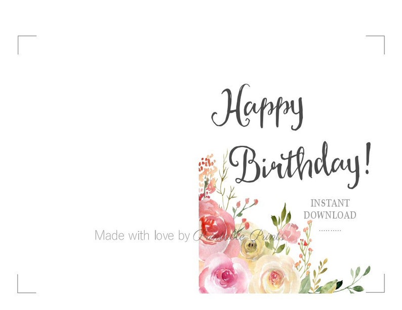 Happy Birthday Card Floral Watercolor PRINTABLE CARD Pink - Etsy
