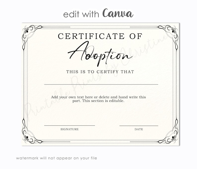 Adopt Signature Adoption Certificate Template Edit With Canva, Certificate for Kids ...