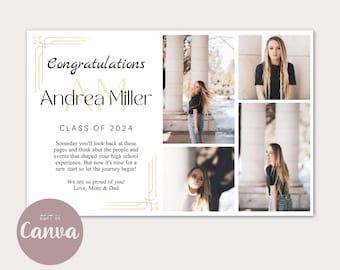 Modern Yearbook Ad Template Half Page Canva, Senior High School Graduation, Gold Monogram 1/2 Page Photo Collage Tribute Editable Ad Set