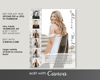 May include: A graduation announcement template with a photo of a young woman in a white dress and a black graduation gown. The template is designed to look like a film strip with photos of the graduate at different ages. The text on the template reads "Congratulations! Class of 2023", "Alexis Miller", and "Someday you'll look back at these pages and think about all that shaped your high school experience. But now it's time for something new; we can't wait to see what happens next! There is so much ahead for you and we are so proud of you. Keep reaching for your dreams! We Love you! Love, Mom & Dad". The template also includes the text "Edit with Canva".