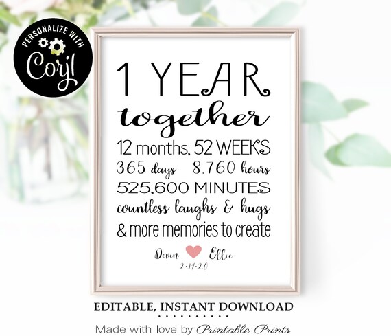 1 Year Anniversary Sign Editable Personalize With Names Etsy