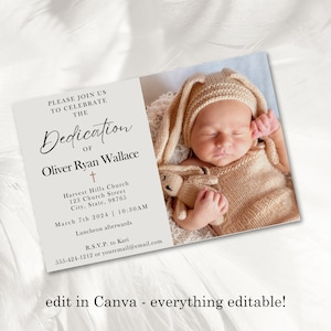 BABY DEDICATION Invitation Template, Editable in Canva, Minimalist Design, Add Baby Photo Printable Invite Digital Instant Download, 5x7 4x6 image 2