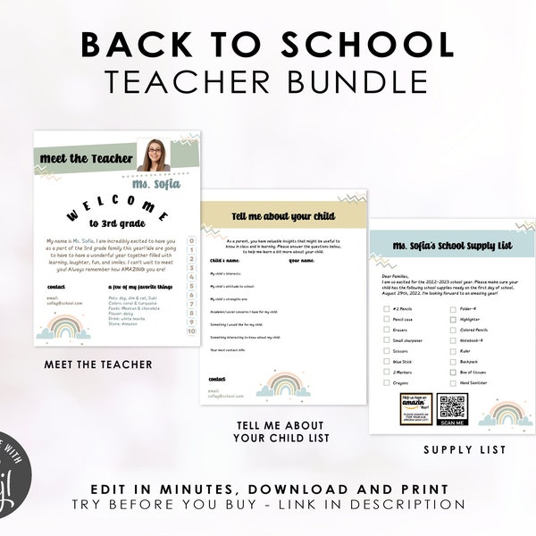 Meet the Teacher Template Boho, TEACHERS BUNDLE Back to School, Supply List, About Child, Editable NEUTRAL Rainbow, Instant Digital Download