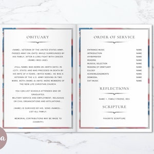 Peut inclure: Un mod&egrave;le de programme fun&eacute;raire de deux pages sur fond blanc avec une fine bordure rouge, blanche et bleue. La page de gauche est intitul&eacute;e OBITUARY et la page de droite ORDER OF SERVICE, contenant toutes deux du texte pour les d&eacute;tails.