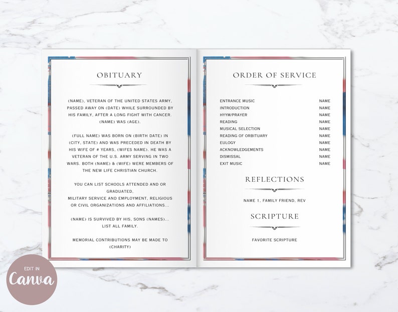 Peut inclure: Un mod&egrave;le de programme fun&eacute;raire de deux pages sur fond blanc avec une fine bordure rouge, blanche et bleue. La page de gauche est intitul&eacute;e OBITUARY et la page de droite ORDER OF SERVICE, contenant toutes deux du texte pour les d&eacute;tails.