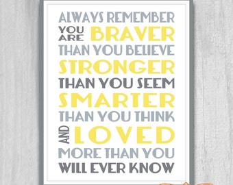 Always Remember You Are Braver Print Printable Art 8x10 11x14 Nursery Decor DIY Digital File Instant DOWNLOAD Yellow Gray or Blue Green