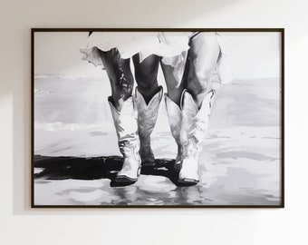 Black and White Coastal Cowgirl Printable Poster Print, Boots  Minimalist Modern Bedroom Wall Art Decor, Girly Sketch Digital Download Large
