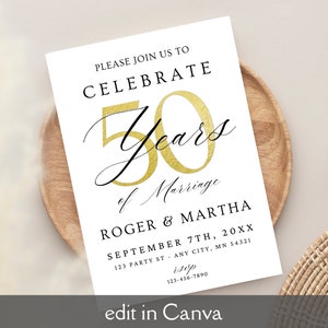 May include: White invitation card with gold foil lettering announcing a 50th wedding anniversary celebration for Roger and Martha. The invitation includes the date, time, and location of the event. RSVP information is also included.