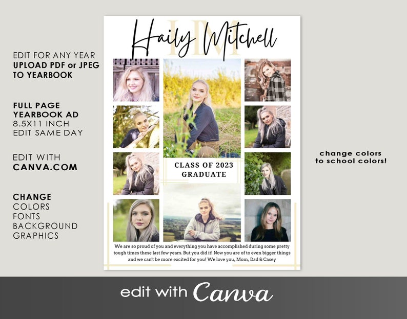 May include: A graduation announcement template featuring a collage of photos of a young woman, with the text "Haily Mitchell, Class of 2023 Graduate" and "edit with Canva".