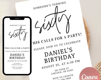 60th Birthday Invitation Template, edit in Canva, Modern Minimalist Evite Invite Card ANY YEAR, editable instant digital download