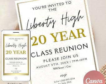 Puede incluir: Una invitación digital para una reunión de clase de 20 años en Liberty High. La invitación es dorada y negra con el texto "You're invited to the Liberty High 20 Year Class Reunion. Please join us August 8th, 20XX | 7PM-10PM 5050 Street | City RSVP Julie | 202-555-1234 by July 20th"