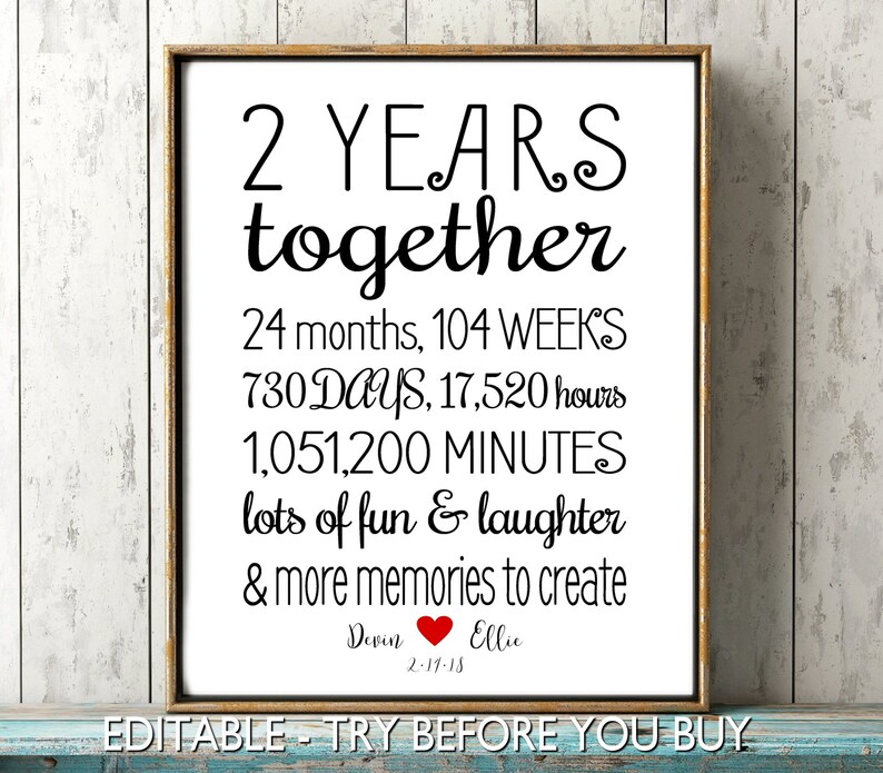 2 Year ANNIVERSARY GIFT Personalized Editable Sign for Etsy