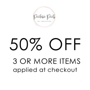 May include: Black and white text graphic that reads "50% OFF 3 OR MORE ITEMS applied at checkout".