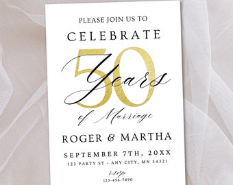 50周年記念招待状編集可能テンプレート、Canvaテンプレート、パーソナライズされた結婚記念日招待状ゴールドミニマリスト5x7インチ即時ダウンロード