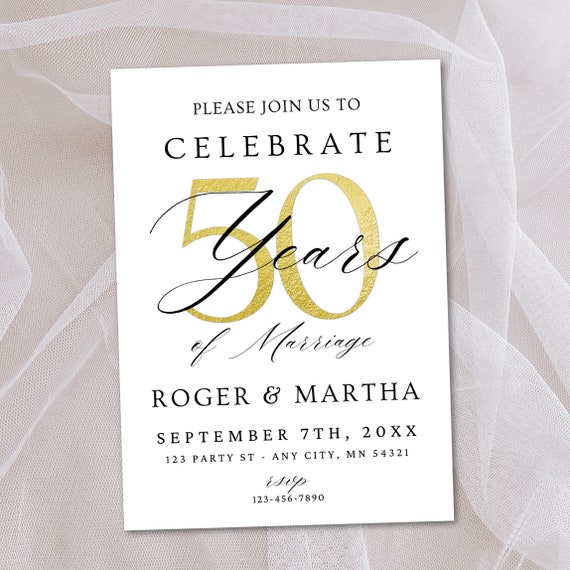 50th Anniversary Invite Editable Template, Canva Template, Personalized Wedding Anniversary Invitation Gold Minimalist 5x7" Instant Download