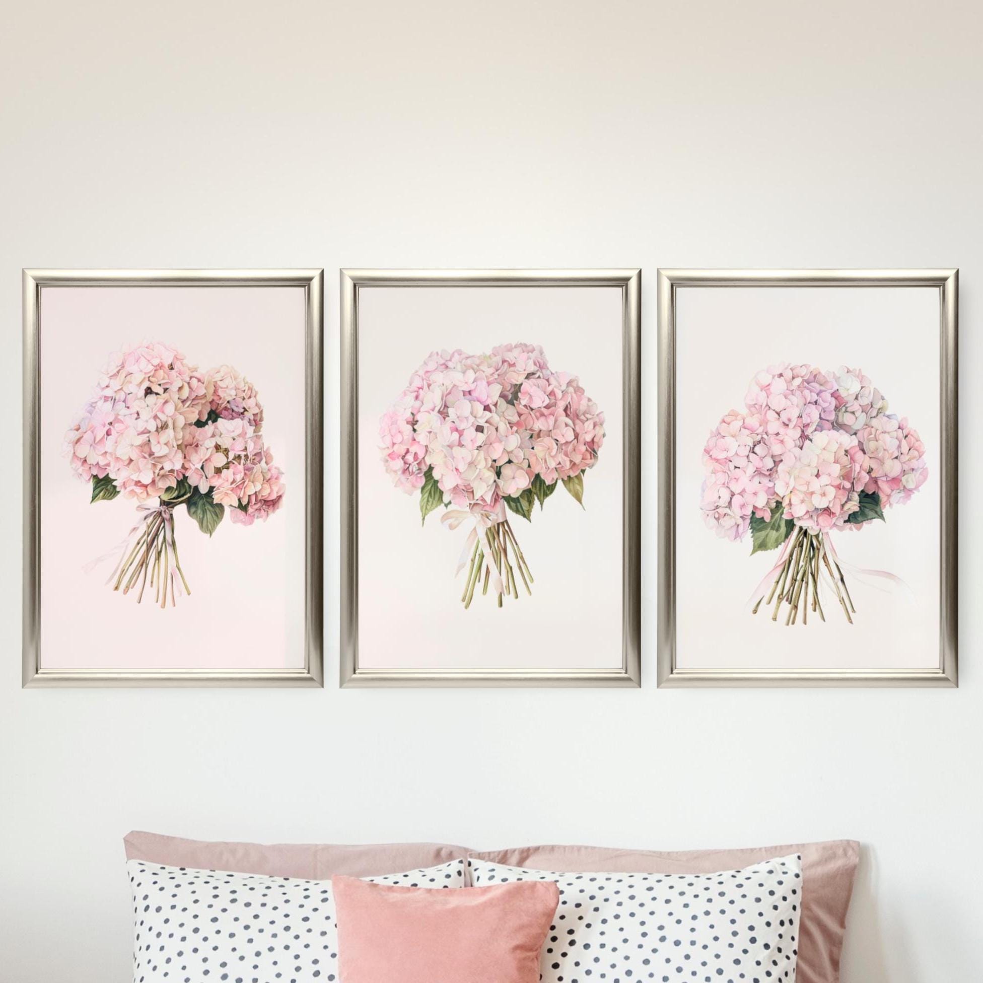 Pink Hydrangea Wall Art Set: Vintage Floral Prints for Girl's Room ...