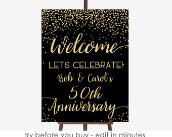 50th ANNIVERSARY Welcome Sign, Party Banner, Printable, Editable Decorations, 50 Years Golden, 20X30 INSTANT DOWNLOAD, Gold Black