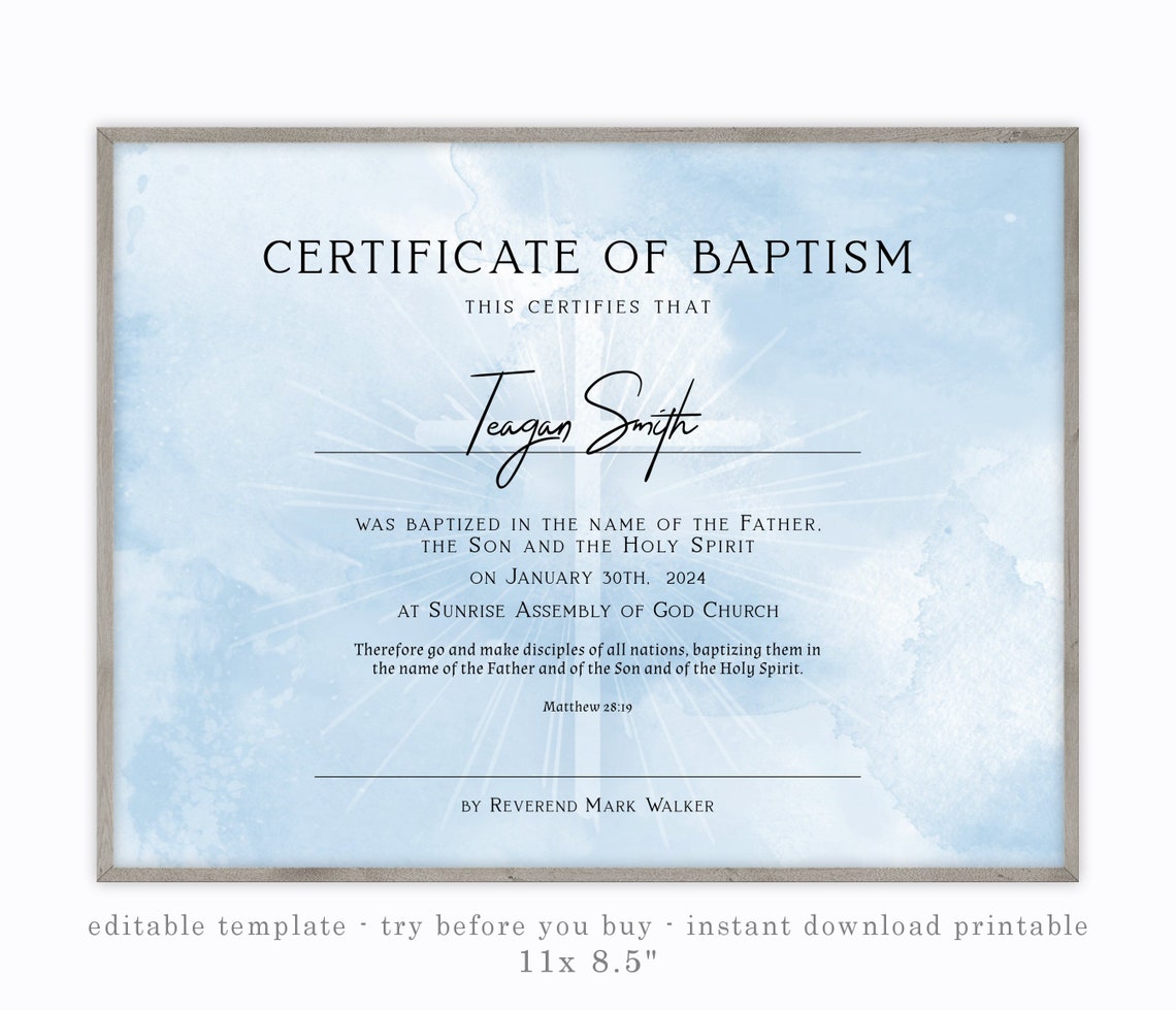 CERTIFICATE of BAPTISM Printable Template Water Baptism Etsy