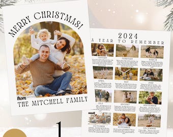 Plantilla de boletín navideño editable con CANVA, tarjeta navideña imprimible de resumen del año, carta navideña editable, tarjeta con foto familiar, retro