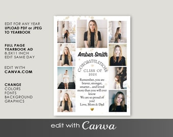 May include: A collage of photos of a graduate with the text "Amber Smith" and "Congratulations Class of 2024". The background is white with gold confetti.