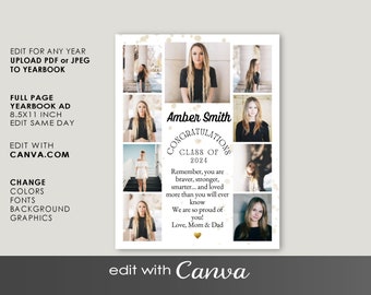 Full Page YEARBOOK AD Template, Edit with CANVA, Gold Editable Layout, Minimalist Modern 9 photos Senior Graduate 2024 High School Grad