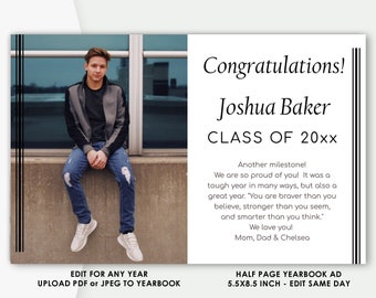 1/2 Page YEARBOOK AD TEMPLATE, Minimalist Design, Half Page, Photo of Graduate, Class of 2024, Editable Template, Boy or Girl, high school