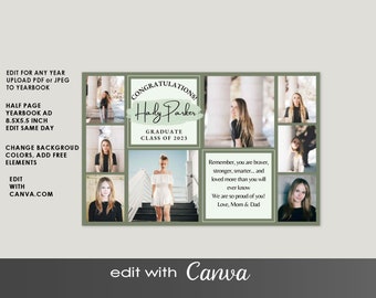 Half Page YEARBOOK AD Canva Template, Editable Layout, Minimalist Tribute, DIY Custom Colors, Senior Graduate 2026 High School Grad 8 photos