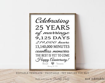 25 YEAR ANNIVERSARY Sign, diy Personalized, Editable Template, Party Banner Printable Download - Digital File - 25th Anniversary