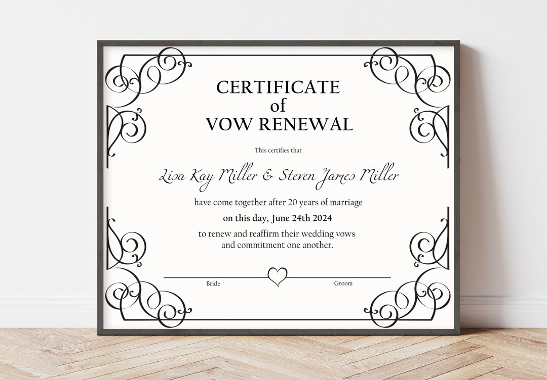 VOW RENEWAL CERTIFICATE, Wedding Template, Editable Marriage ...
