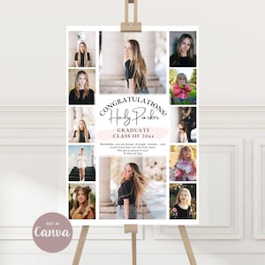 Plantilla CANVA para póster de graduación de 61 x 91 cm, letrero fotográfico editable, 10 imágenes minimalistas, edición para graduados de último año de 2024. Gráficos y fuentes gratis.