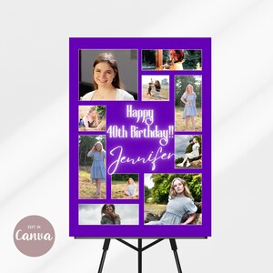 May include: Purple poster with a collage of photos of a woman. The poster says "Happy 40th Birthday!! Jennifer".