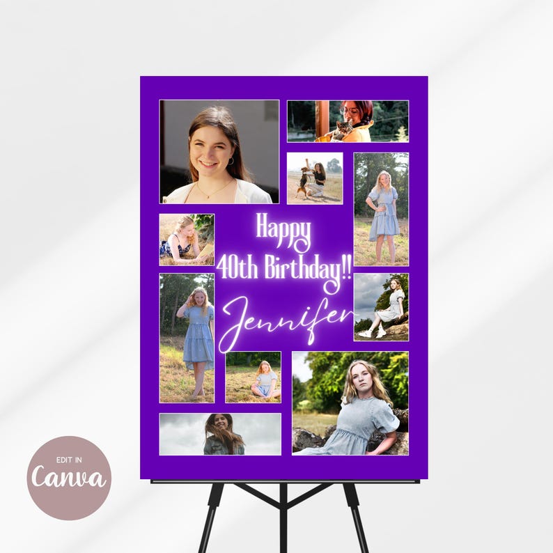 May include: Purple poster with a collage of photos of a woman. The poster says "Happy 40th Birthday!! Jennifer".