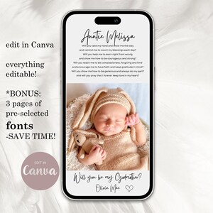 May include: A smartphone screen displaying a digital invitation. The invitation includes a poem for "Auntie Melissa" and a baby in a bunny outfit. The text "Will you be my Godmother?" is also visible.
